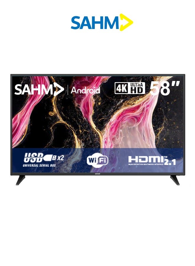 SAHM 58-Inch 4K UHD Smart TV, Android 9.0, HDR10, Bluetooth & WiFi, 2 HDMI & 2 USB Ports, Earphone Out | Model No: SHM-58LKGS - Image 1
